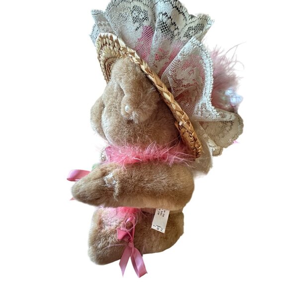 Bearly People Pink feather boa pearls rose tan bear 12" jointed vintage - Picture 9 of 13
